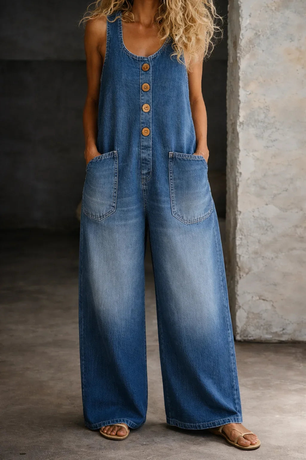 Denim Wide-Leg Dungarees with Button Front