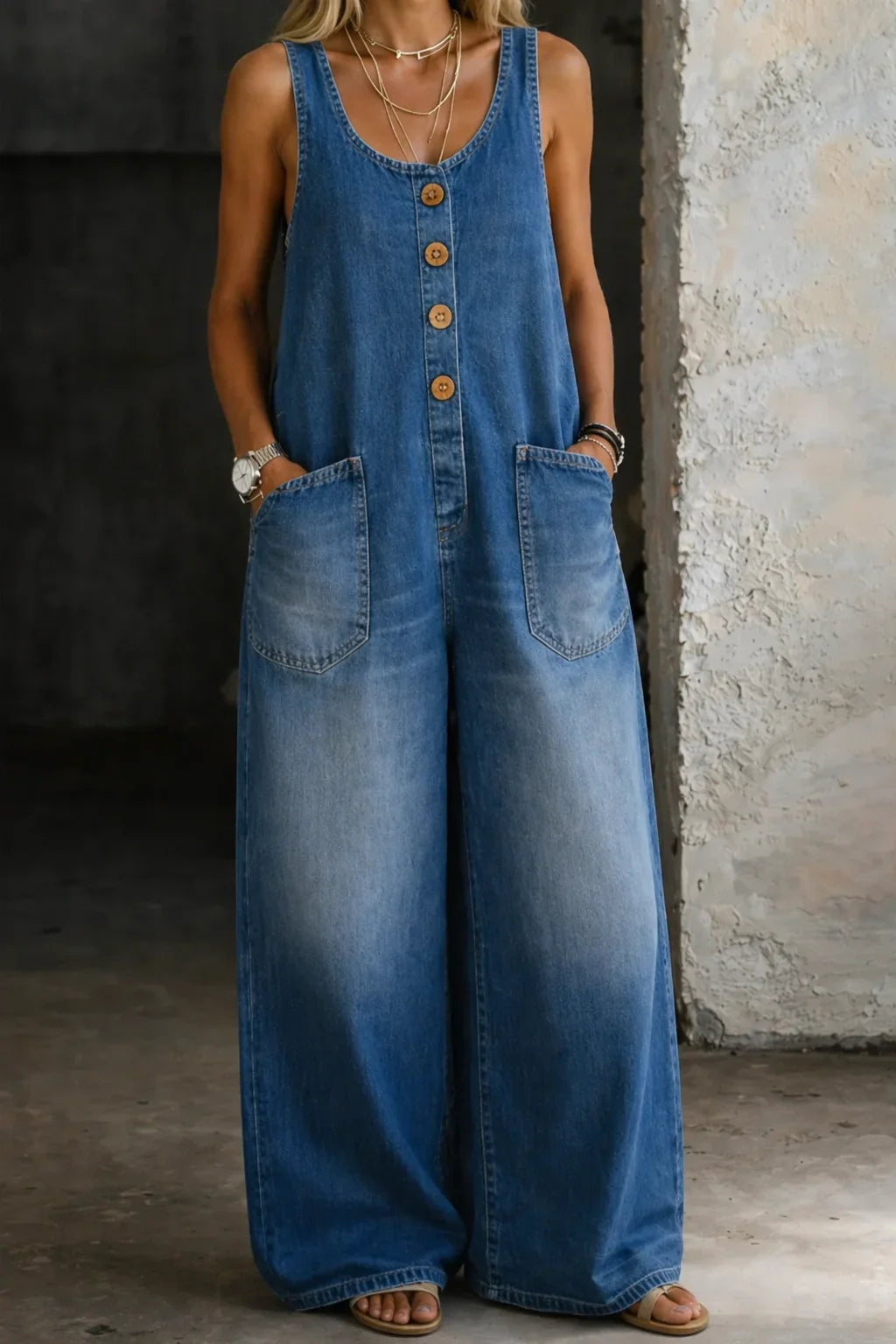 Denim Wide-Leg Dungarees with Button Front