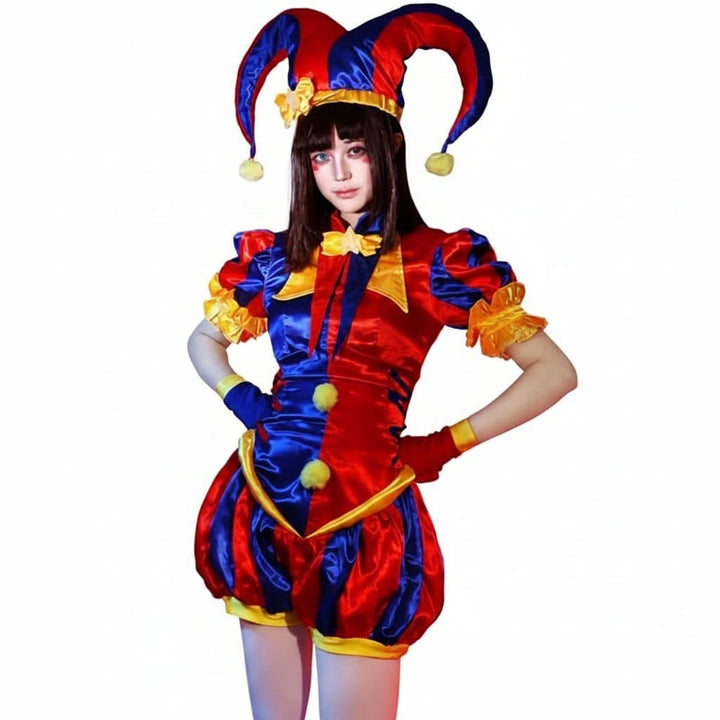 Women's Halloween Jester Costume Outfit with Hat and Gloves Medieval Renaissance Court Party