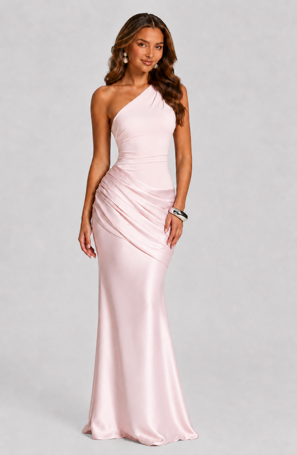 One-shoulder draped satin maxi dress