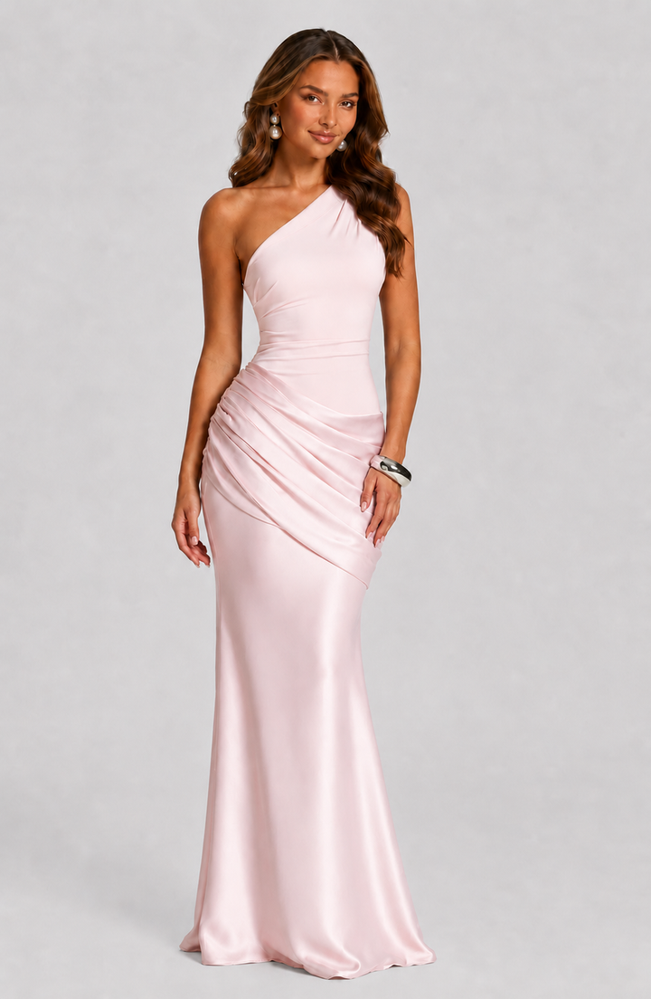 One-shoulder draped satin maxi dress