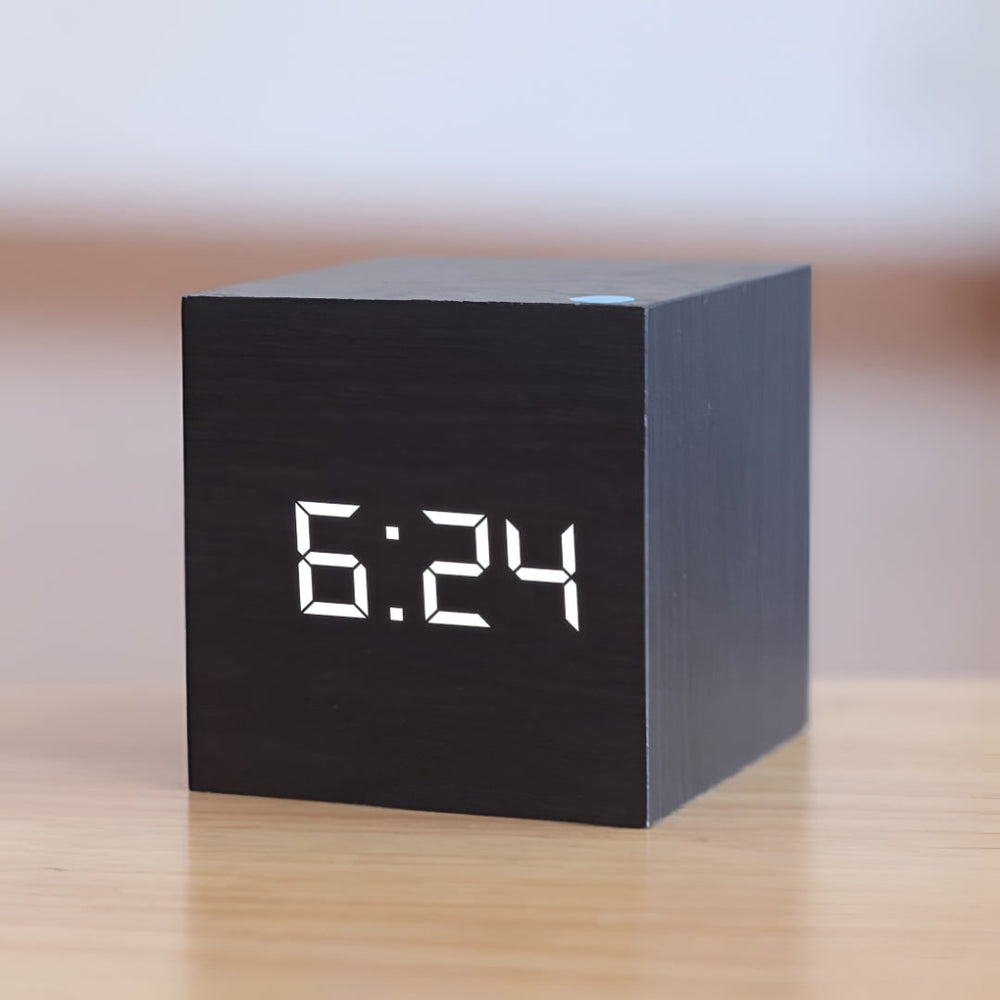 Wooden Grain Cube Digital LED Alarm Clock with Temperature Display