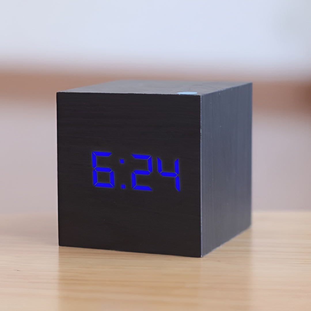 Wooden Grain Cube Digital LED Alarm Clock with Temperature Display