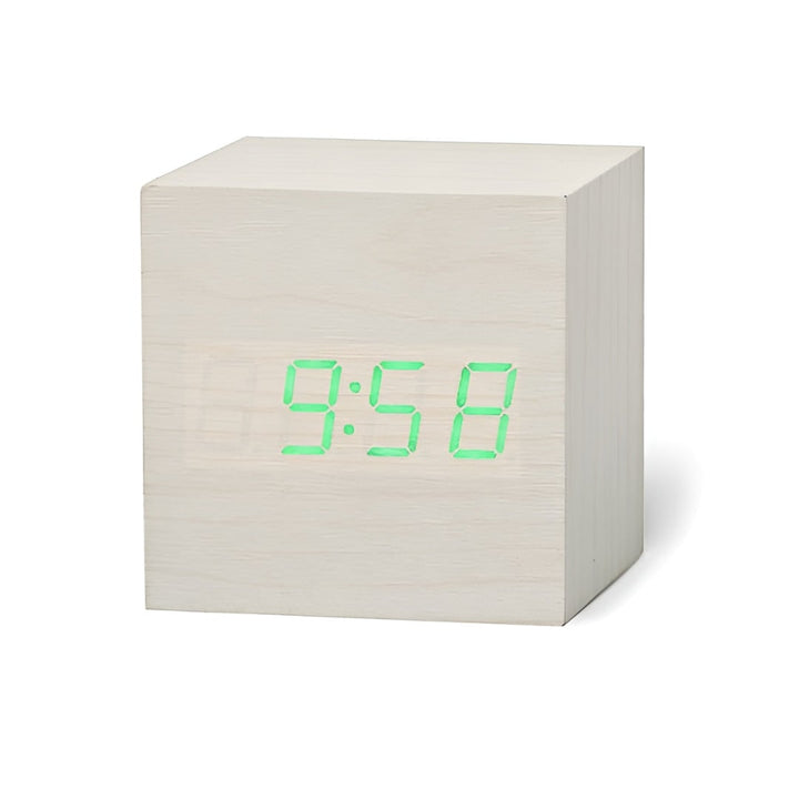 Wooden Grain Cube Digital LED Alarm Clock with Temperature Display